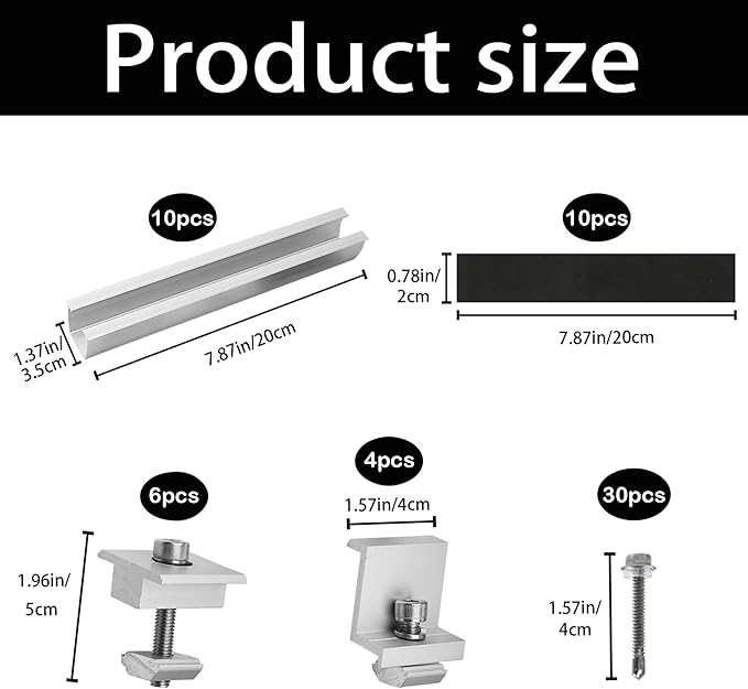 Solar Panel Bracket Kit - 10 Pcs Aluminium Mounting Rail 200mm, Z-Bracket Set, Center Clamps, Solar Mounting Rail Connector for Metal, Tin, Flat, Sheet Roof