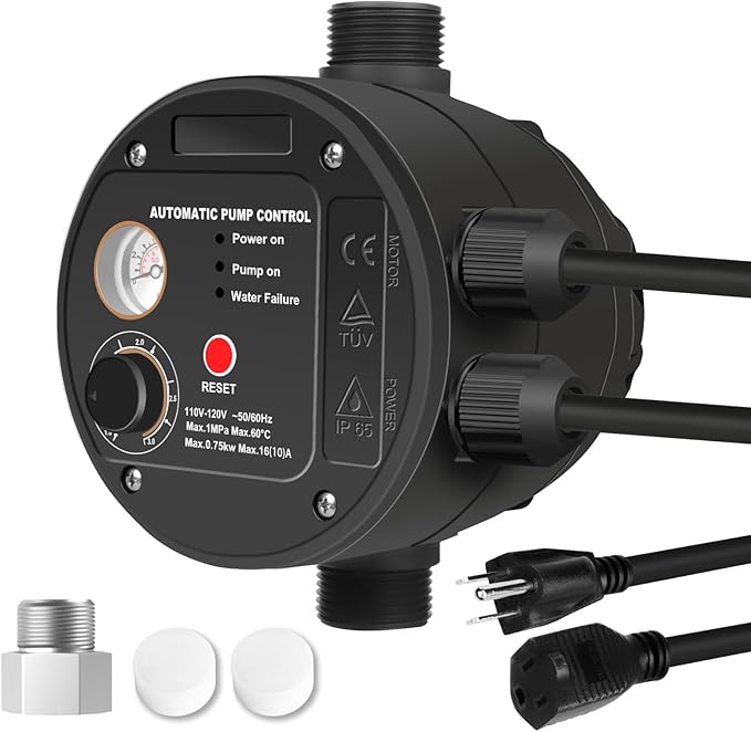 IP65 Automatic Pump Controller, Rotary Adjustment, Metal Pump Connector, Electronic Switch Control Water Pump Pressure Controller, 110V/0.75KW/1MPa,TÜV, Ideal for Home, Garden, and Industrial Use.