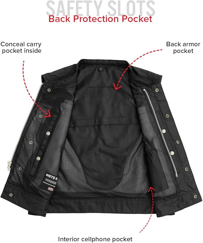 First Mfg Co Lowrider Mens Motorcycle Biker Riding Armor Club Style Black Leather, Twill, Moto Mesh, Perforated Vest