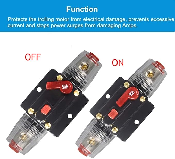 30A 40A 50A 60A 80A 100A 150A Audio Circuit Breaker Auto Car Stereo Inline Fuse Holders Inverter, Manual Reset 12V-24V DC for Automotive Marine Boat Audio System Protection (50A)