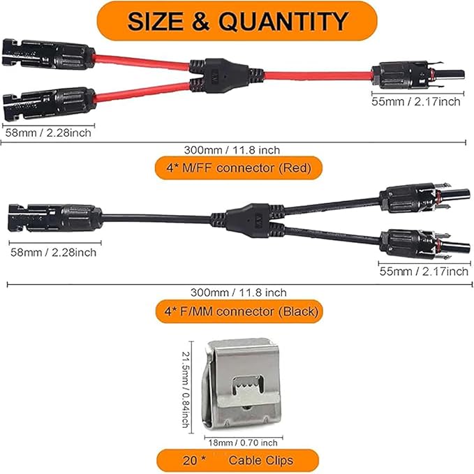 4 Pairs Solar for Connector Y Branch Parallel Adapter Cable Wire Plug 2 to 1 Male Female Connectors (M/FF, F/MM) for Solar Panel with PV Cable Clips