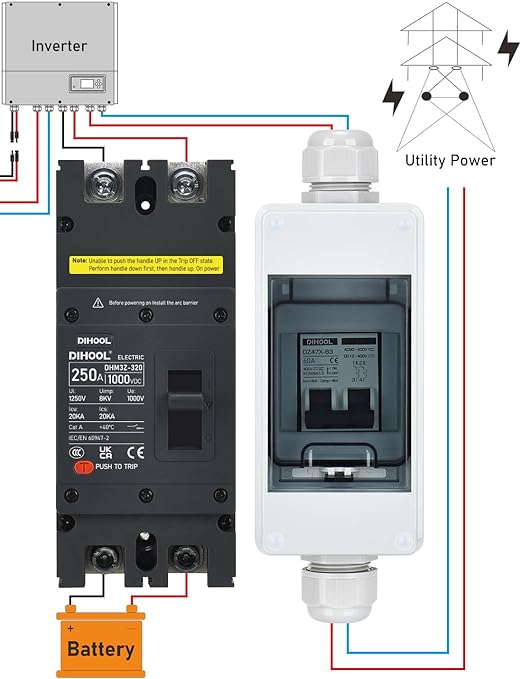 DIHOOL 250 Amp DC Circuit Breaker,2P 1000V 20kA Breaking Capacity Battery Disconnect Switch with Thermal Magnetic Trip for Solar, UPS, Battery