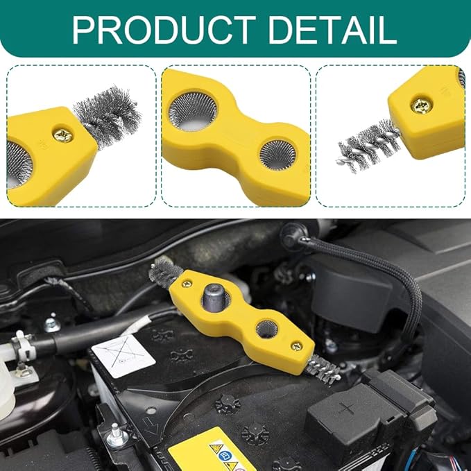 4 in 1 Car Battery Cleaning Brush, Battery Terminal Cleaner, Anti-Rust Car Terminals Machine Parts Cleaning Tool with Steel Wire, Auto Post Cleaner Brush Tool Fit for Vehicle & Marine (Yellow)