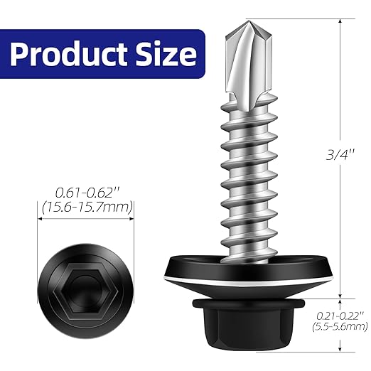 #12 x 3/4" Zinc Plated Steel Self Drilling Roofing Screws, Hex Head Self Tapping Screws with EPDM Washer, Black Head, 100 PCS