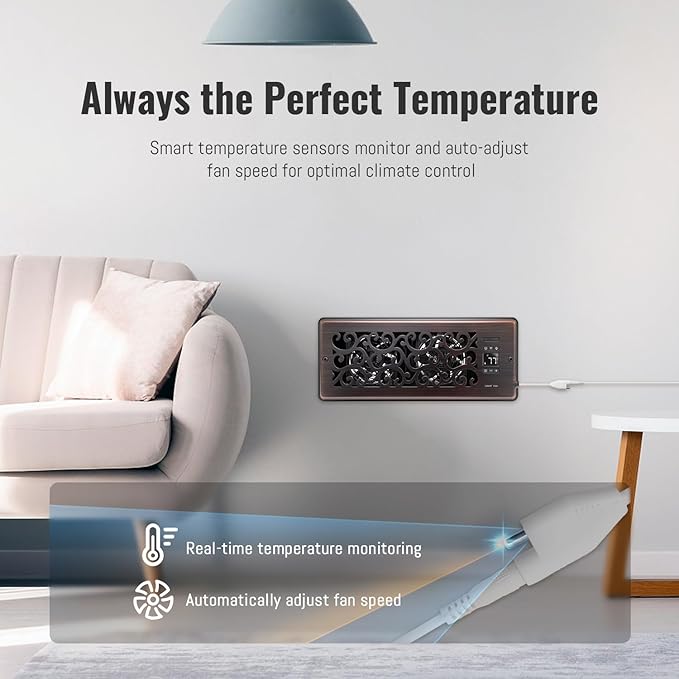 Register Booster Fan for 4" x 12" Register Holes, Quiet Vent Fan Booster with Intelligent Thermostat, Improves Heating Cooling, App Control, 10-Speeds, Charleston Smart Register Vent, ORB