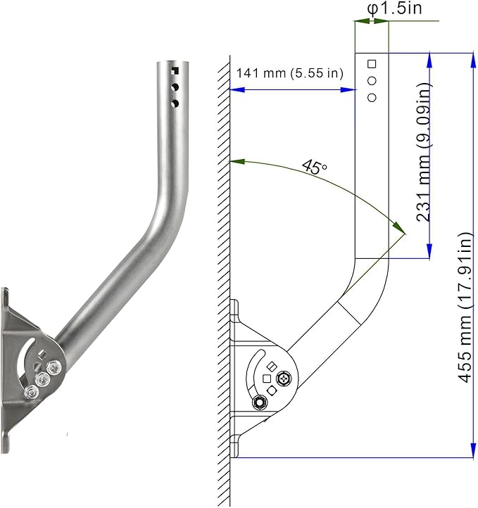 CEKAY Stainless Steel Antenna Mount (1.5" x 17"), Heavy-Duty Adjustable J-Pole Mast for TV Antenna, Starlink, Satellite Dish, or Weather Station, Universal Wall, Eave & Roof Mounting Bracket
