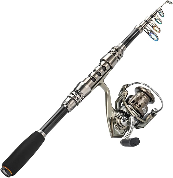 Sougayilang Fishing Rod and Reel Combo – 5.9FT Telescopic Carbon Fiber Fishing Pole with 12+1 BB Spinning Reel, Saltwater Freshwater Kit
