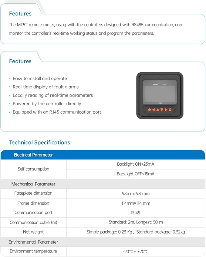 EPEVER MT52 Remote Meter for MPPT Solar Charge Controller 10/20/30/40A ,50/60/80/100A LCD Display Monitoring Setting Datas of Solar Panel Battery Regulator System (MT52)