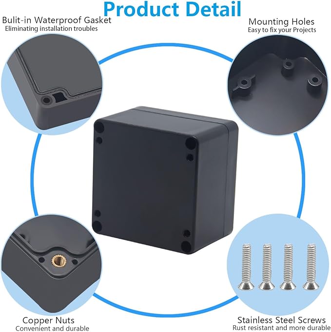 Project Box ABS Black Electrical Boxes IP67 Outdoor Waterproof Box Electronic Junction Box Power Enclosure with Cable Glands for DIY Project 3.3x3.2x2.2inch (83 x 81 x 56 mm)
