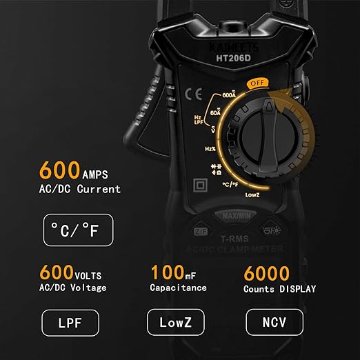 KAIWEETS HT206D Digital Clamp Meter T-RMS 6000 Counts, Multimeter Voltage Tester Auto-ranging, Measures Current Voltage Temperature Capacitance Resistance Diodes Continuity Duty-Cycle (AC/DC Current)