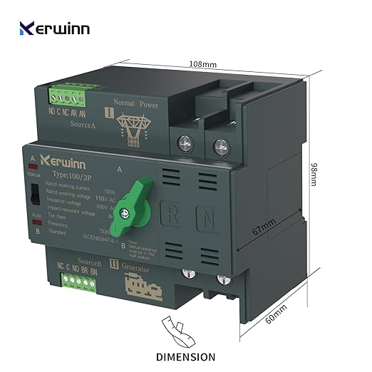 Mini ATS Automatic Transfer Switch 100 amp Manual Power Transfer Switch 110V Dual Power Electrical Selector Switches DIN Rail Mount（2P）