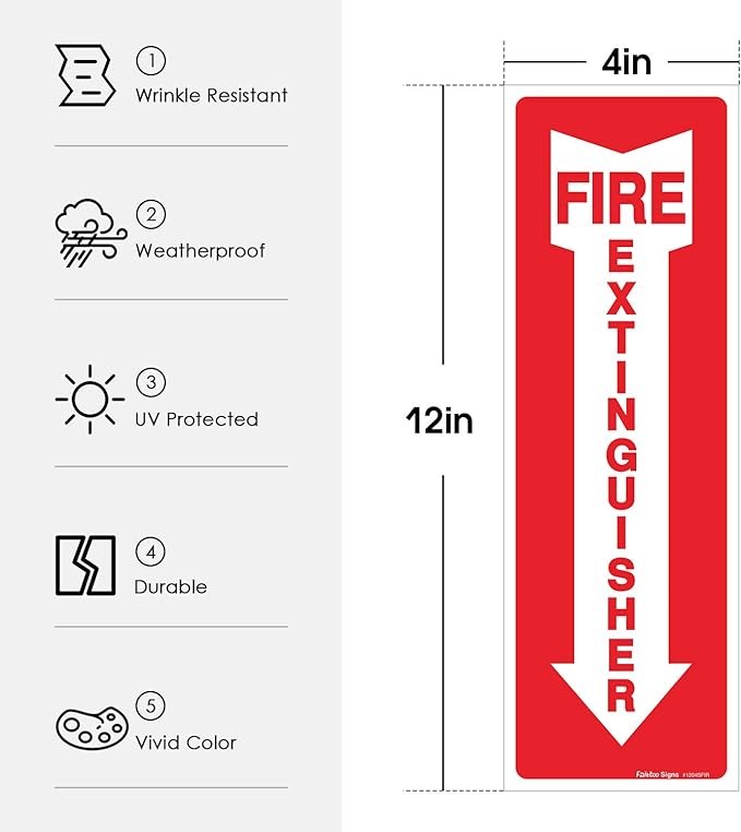 (12 Pack) Fire Extinguisher Sign, Safety Sticker Signs, 4x12 Inches, 6 Mil Vinyl Self Adhesive Durable Decal Stickers, Long Lasting, Weatherproof and UV Protected, Ideal for Home, Office or Boat