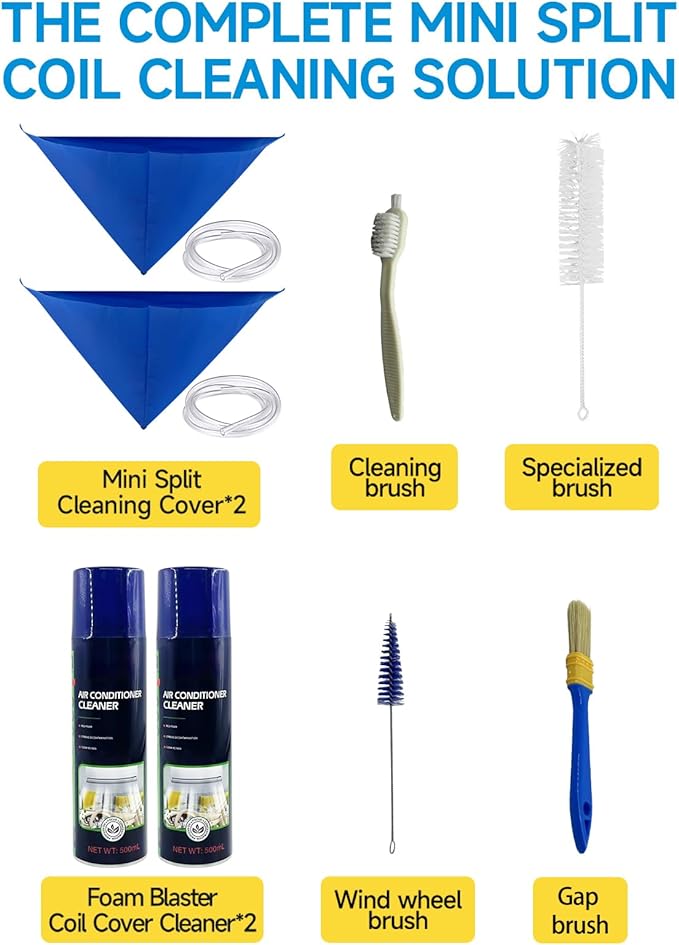 Mini Split Cleaning Kit for Air Conditioner,2 Bottles of air Conditioner Cleaner,2 Air Conditione Waterproof Bag, 4 Wall Mounted Air Conditioner Cleaning Tools,1 Spray Bottle etc.