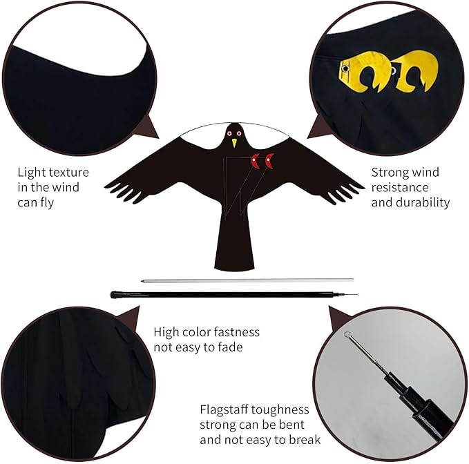 eyijklzo Bird Scarer Flying Kite Crops Farm Flying Bird Hawk Flying Kite with 4m Telescopic Pole, Black