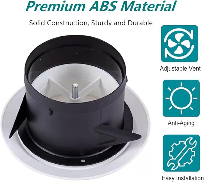 4 inch ABS Adjustable Air Vent White Round Soffit Exhaust Vent for Inline Duct Fan Outlet Vent(3.74 Inch, Front Panel:5.9 Inch)