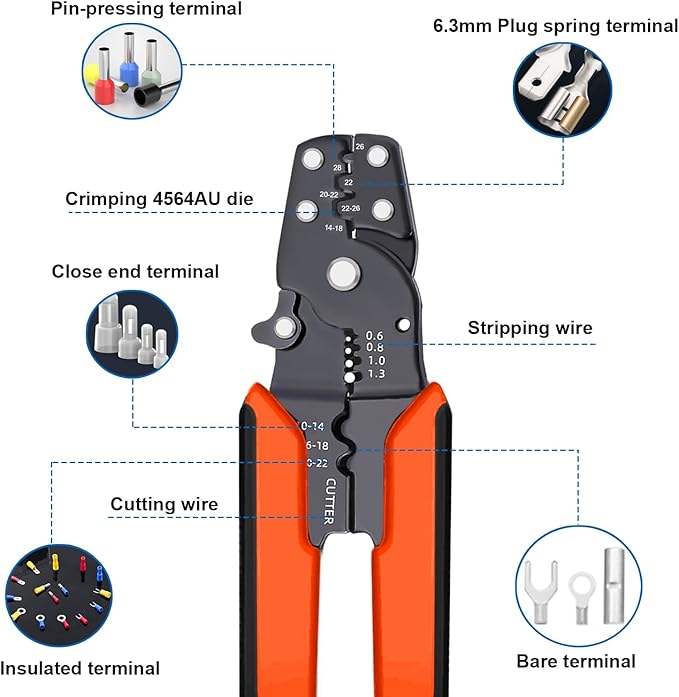smseace Orange Wire Crimping tool Wire crimper,stripper and cutterfor insulated/Bare/Heat Shrink connectors(22-10 AWG) Multifunctional stripping crimping pliers Wire stripper and crimping tool