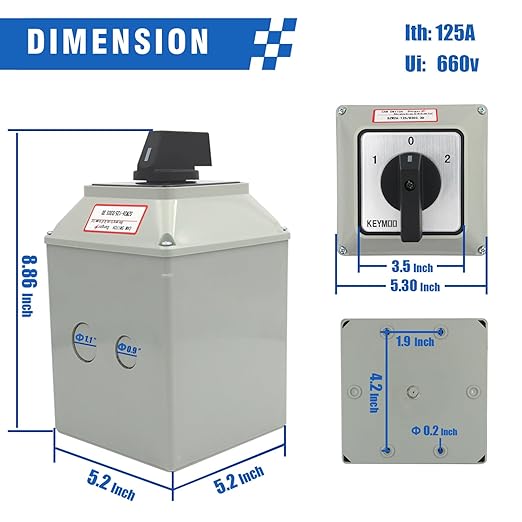 125A Rotary Changeover Switch with Master Switch Exterior Box, 2-Way 3NO 3NC 660V 3 Position 3 Phase 12 Terminals, Universal Selector Switch Enclosure Box IP65 125/D303.3D