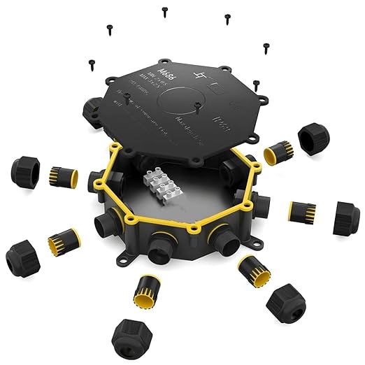 IP68 Waterproof Junction Box Outdoor,8-Way Electrical Cable Box Outdoor with 8Way M25 Gland Wire Connector Extension Electrical Cable Project Protector for Diameter Cable Ø8-12mm Black