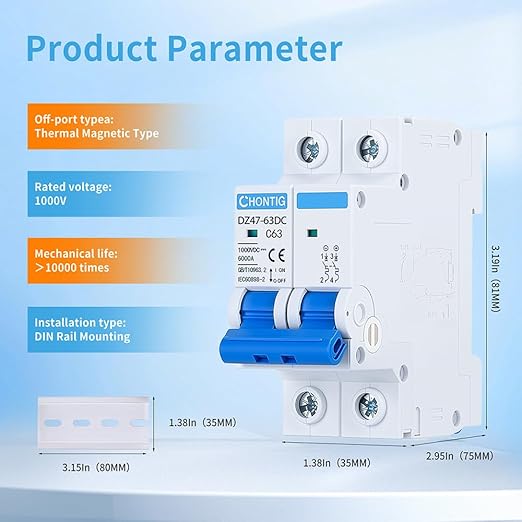 63 Amp Miniature DC Circuit Breaker 1000V 2 Pole, Solar PV Disconnect Switch with Thermal Magnetic Trip, DIN Rail Mount Isolator C63