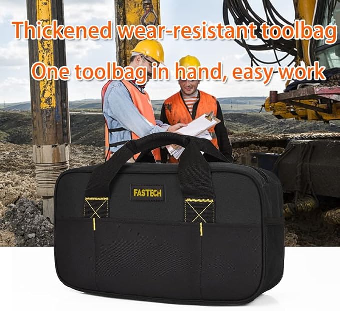 FASTECH Heavy Duty Tool Bag 14-Inch, Wide Mouth Tool Tote Bag, Waterproof Tool Organizer Bag, Electricians Repairman Tools Tote Bag (Black)