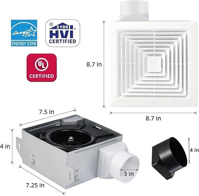 Bathroom Exhaust Fan 50 CFM,1.2 Sone, 3&4-Inch Duct Included, No Attic Access Needed, Energy Star, Easy to Install,Ceiling or Wall Mounted, Classic White Grille