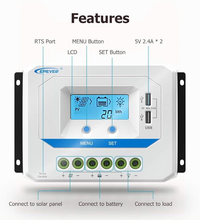 EPEVER Solar Charge Controller 10A 12V/24V Auto Work, Solar Panel Solar Charge Controller PWM Regulator with LCD Display and USB 5V Output, for Lead-Acid Gel Sealed Flooded Battery