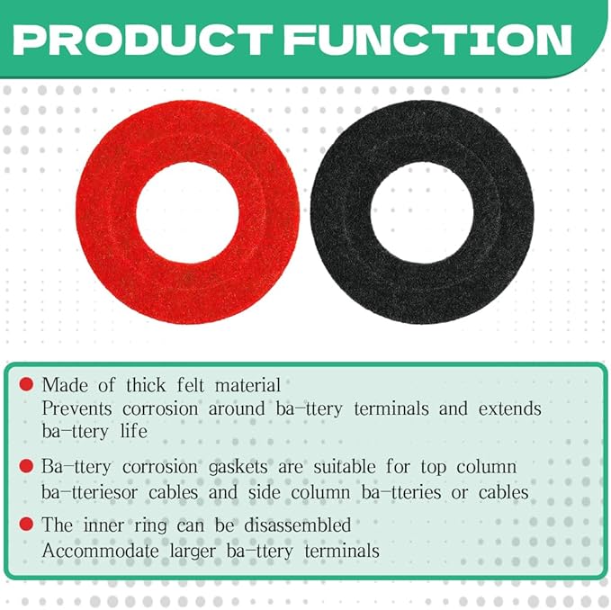 8PCS Battery Terminal Anti Corrosion Washers Fiber, Battery Terminal Protector, 4 Red & 4 Green Battery Terminal Protector for Protecting Battery Terminal, Universal Accessories (Red+Black, 12PCS)