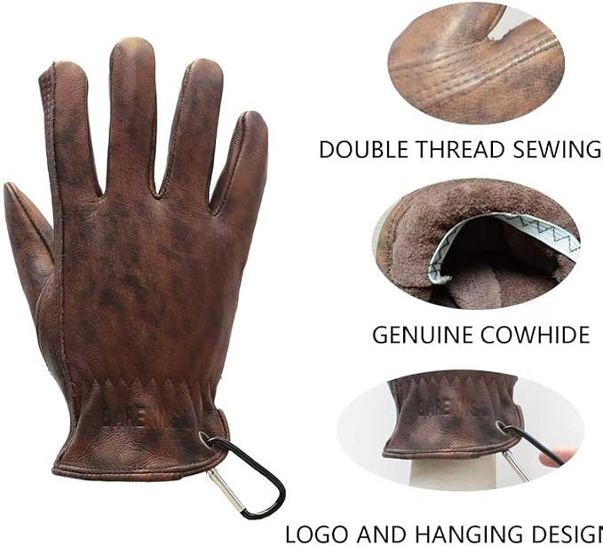 Leather Work Gloves for Men, Genuine Cowhide Men's Leather Gloves, Ideal for Construction, Outdoors work