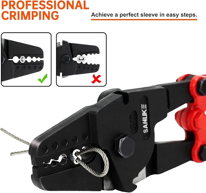 Sanuke 24 Inch Hand Swaging Tool, Wire Rope Crimping Tool 5 Cavity 1/16" 3/32" 1/8" 5/32" 3/16", Crimping and Cutting Combo Cable Crimper, Hand Swager Tool