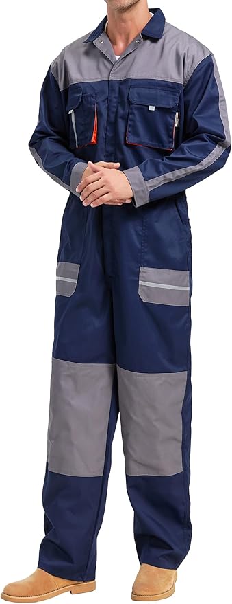 Men's Work Coveralls Multi Pockets Garage Work Jumpsuit Zip Coverall One Piece Workwear Mechanic Overalls