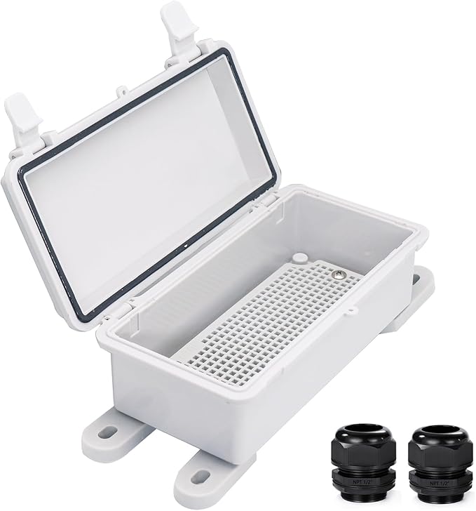 Waterproof Electrical Box Dustproof Junction Box Weatherproof IP67 ABS Plastic Enclosure Switch Router Project Box with Mounting Plate with Wall Bracket 2 Cable Glands Grey 7.9"x3.9"x2.8"