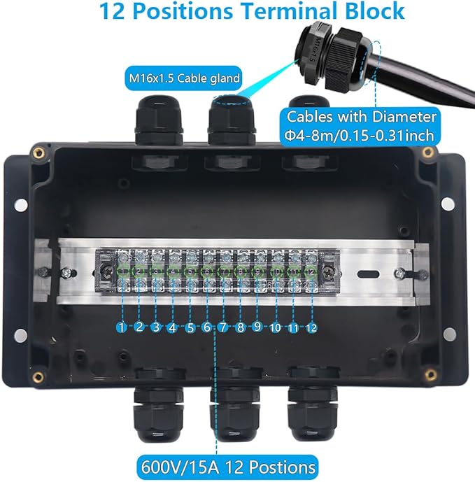 Project BoxI P67 Outdoor Waterproof box Electronic Junction Box with 15A 600V 12P Barrier Terminal 3IN/3Out Electrical Boxes 7.9x4.7x3 inch