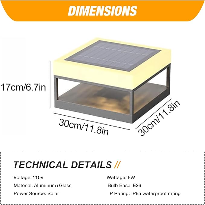 Solar Outdoor Column Lights IP65 Waterproof Column Cap Lamp Square Deck Pillar Lights Outdoor Exterior Solar Post Light for Outside Landscape Yard Pathway Garden Post Cap Light