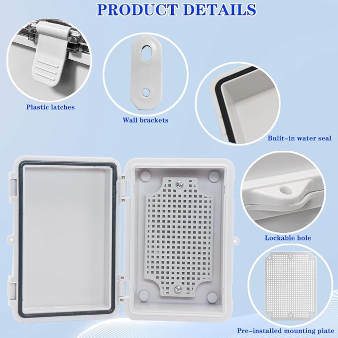 Waterproof Electrical Box Dustproof Junction Box Weatherproof IP67 ABS Plastic Enclosure Switch Router Project Box with Mounting Plate with Wall Bracket 2 Cable Glands Grey 5.9"x3.9"x2.8"