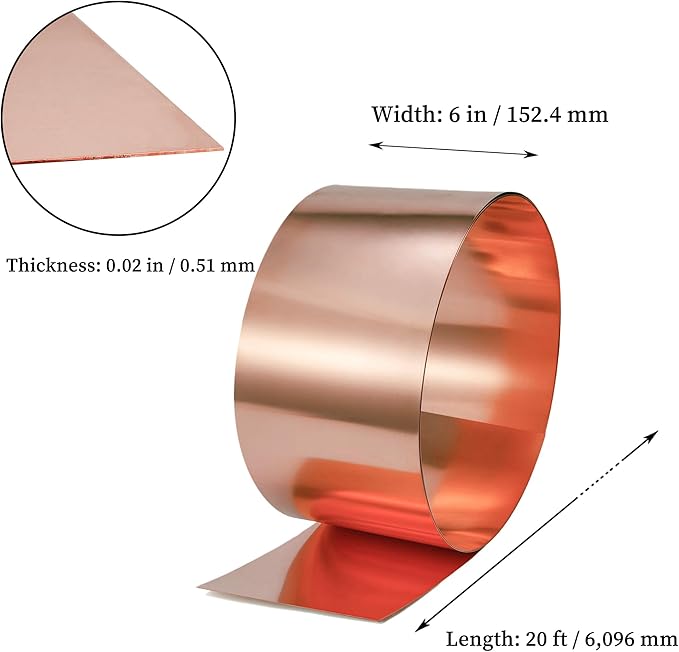 GOORY Copper Flashing 24 Gauge - 6in x 20ft 0.02"(0.51mm) Thickness Roof Flashing Roll - 99.95+% Pure Copper Sheet Metal ASTM B152 - Roofing Repair DIY Project Contractor Jewelry Crafts