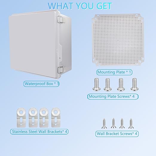 Waterproof Junction Box, ABS Plastic Electrical Box with Stainless Steel Latch, Hinged Cover Electric Project Enclosure Box with Mounting Plate, Wall Brackets 11.8"x11.8"x7.1"