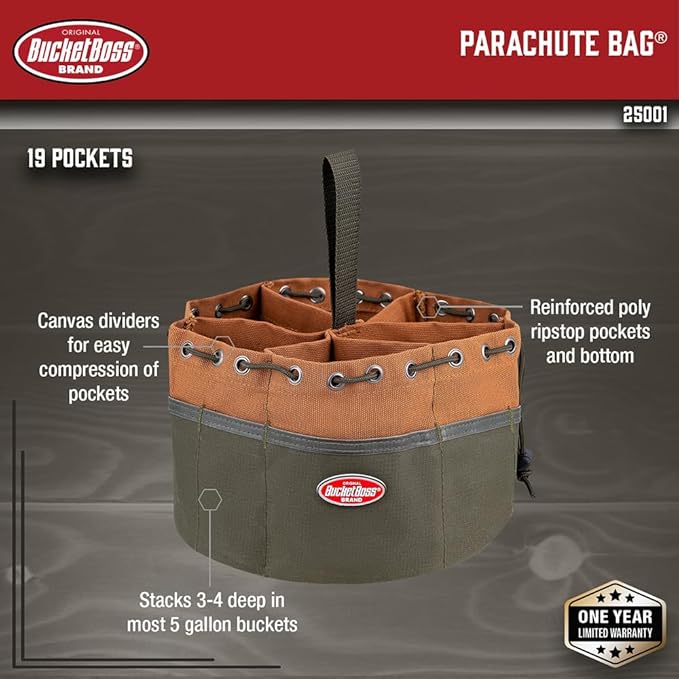 BucketBoss 25001 Canvas Organizer Parachute Bag with 19 Pockets for Nails,Screws, and Bolts in Brown