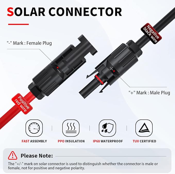 ELECTOP 10AWG Solar Panel Connector Cable, Solar Connecter to O Ring Solar Panel Adaptor Cable with Male and Female Connector for Solar Generator Inverter Battery Pack Charger