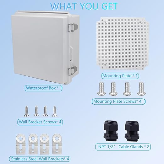 IP67 Waterproof Junction Box, ABS Plastic Electrical Enclosure with Stainless Steel Latch, Hinged Cover Electric Box with Mounting Plate, Wall Brackets & Cable Glands 210x210x100