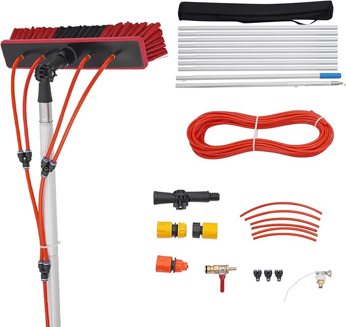 Solar Panel Cleaning Brush & Squeegee Kit, 32.81ft Long Reach Extendable Water Fed Pole Kit, Water Fed Window Cleaner Tool with 14" Brush, for Window Outdoor Roof Cleaner Kit (32.81FT Long)