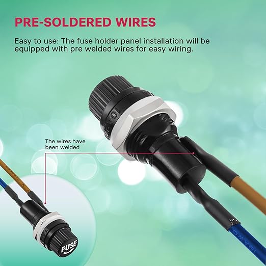 6X30mm Panel Mount Fuse Holder, 250V AC 10A/125V AC 15A, 12V DC, Screw Cap, Pre-Soldered Wires, 10A/15A Fast Blow Glass Fuse Kit