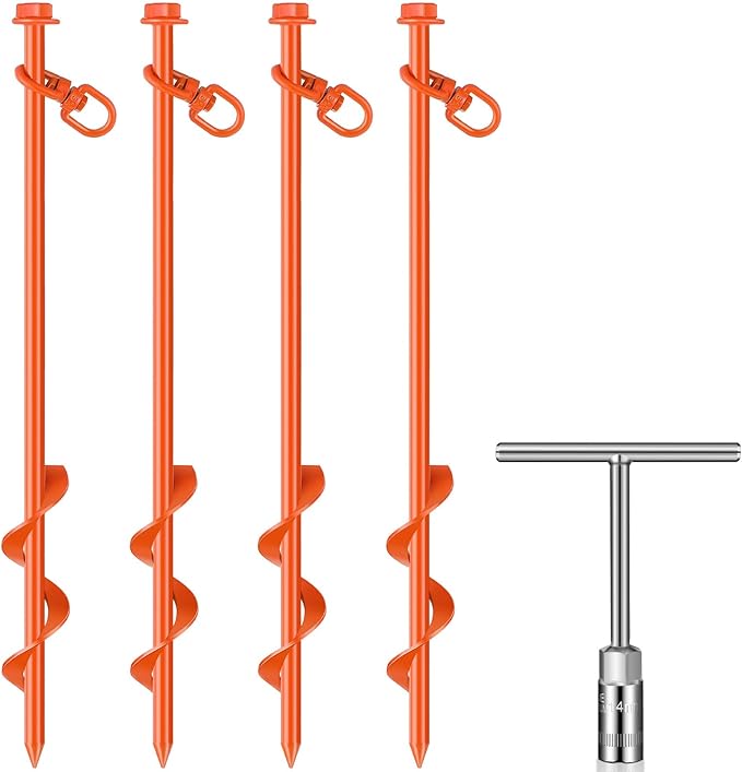Hiboom 4 Pcs Ground Anchors with T Handle Hex Wrench Trampoline Hook, Ground Anchor Screw in Kit, Inflatable Outdoor Decorations Accessories for Camping Tents Car Ports Canopies (Orange,16 Inch)