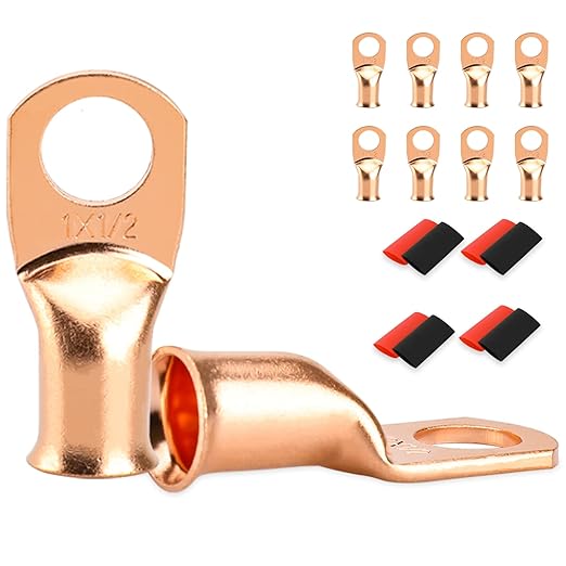 8 PCS Battery Terminal Connectors, Battery Cable Ends Lugs, 1 Gauge Wire Connectors, 1 AWG 1/2" Stud Ring Terminals, Copper Wire Lugs with Heat Shrink Tubing.