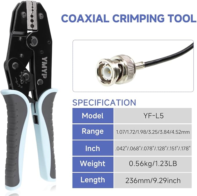 Coaxial Crimping Tool for RG Type Cable -RG122,141,180,210,403, BNC 1.5C-2V,1.5D-2V,2.5C-2V,2.5D-2V Connectors (CRIPMER L5 WG)