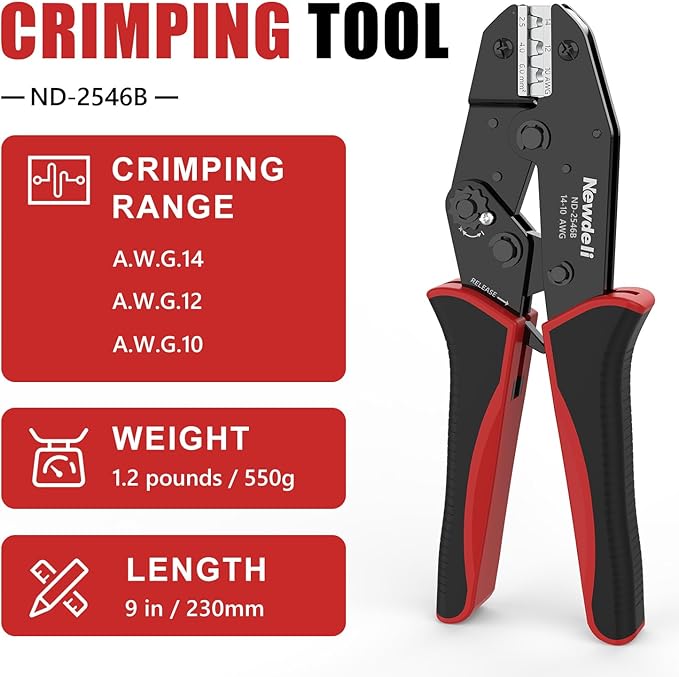 Newdeli Wire Crimping Tool for Solar Connectors - AWG 14 12 10 MC4 Crimping Tool Ratchet Wire Crimper for MC4 Connector Ratcheting Crimping Plier Crimp Tool