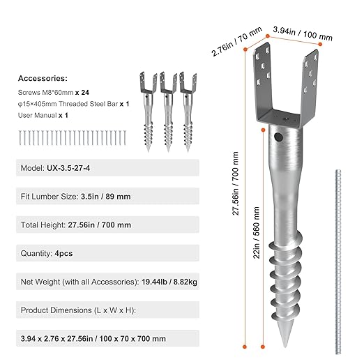 VEVOR Ground Screw, No Dig Ground Anchor 4 Pack 3.94 x 2.76 x 27.56 in DIY Screw in Stake, Includes 6 Lag Bolts & a Rebar, U-Shape Heavy Duty Steel Post Holder, Great for Mailbox and Fence Posts