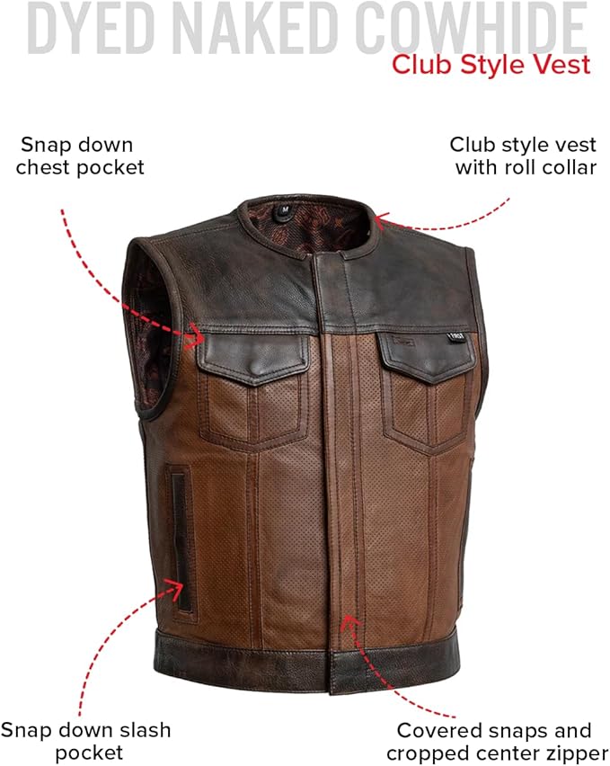 First Mfg Co - Lowside - Mens Motorcycle Biker Riding Canvas, Leather, Twill, Perforated Leather Vest