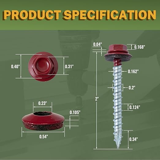 LIONMAX Metal Roofing Screws #10 × 2 Inch, 300-PCS, Dark Red Painted Hex Head Sheet Metal Roof Screws, Rubber Washer, Sharp Point, Metal to Wood Siding Screws, Hex Socket Included