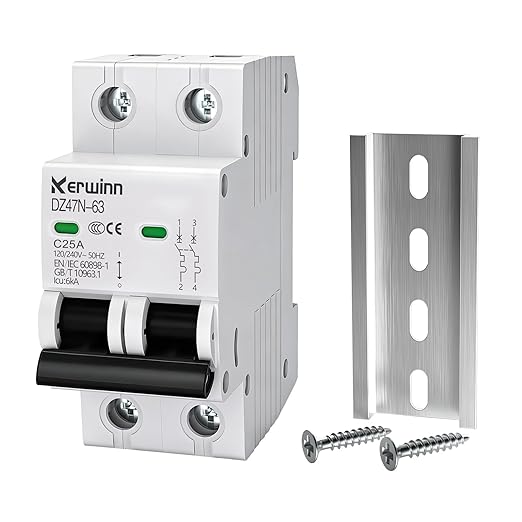 AC Miniature Circuit Breaker 2 Pole 25A (MCB),120V/240V 50/60Hz DIN Rail Mount Breaker, Compatible with Grid-Tied Solar Systems, RV & Home Circuits(C25A)