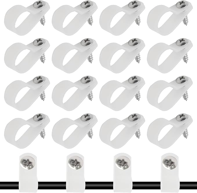 50 Pcs 5/8 Inch White Nylon Screw Mounting R-type Cable Clip Wire Clamp, 16mm Cable Clip Wire Clamp for Wire Management, Stainless Steel Screws Included